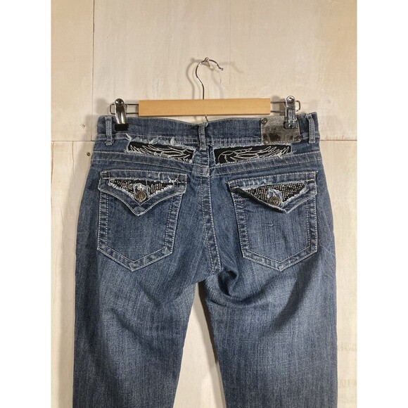 Y2K Red Rivet Bootcut Jeans Women’s Sz 9 Medium Wash Low Rise Bling Embellished - Picture 1 of 8